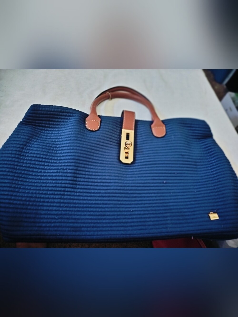 La Bagagerie Paris Ribbed Satchel Tote Bag – Royal Blue & Tan Leather